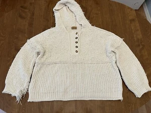 POL Sweater Womens Large Ivory Shredded Oversized Chunky Chenille Cropped Hooded - Picture 1 of 10