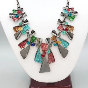 Damen emaillierte Halskette geometrische Anhänger bunte Kristalle 18" Länge - Bild 1 von 6