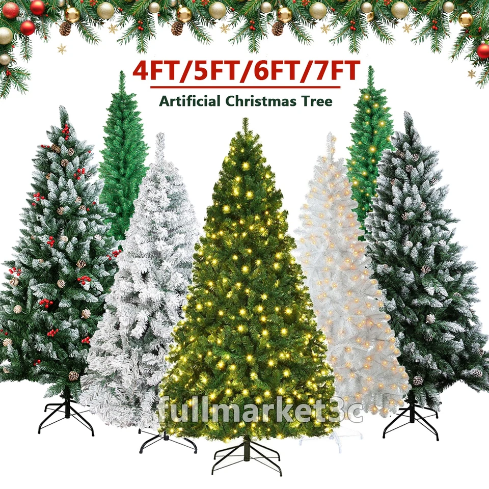 NONMOM Christmas Tree with Lights 4ft 5ft 6ft 7ft Green White Snow Bushy Trees Decor UK