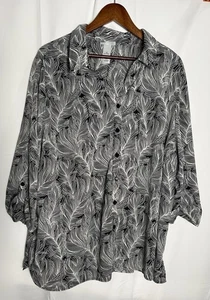 Catherines Roll Tab Sleeve Button Up Top Black/White Tropical Career Mature - 2X - Picture 1 of 9