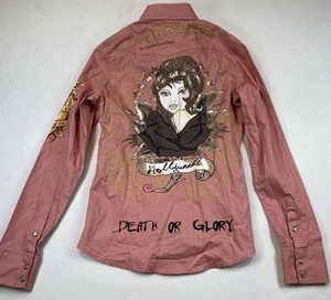 NWT Ed Hardy Pink Christian Audiger Death Or Glory Women's Button Shirt, Size S - Picture 1 of 16