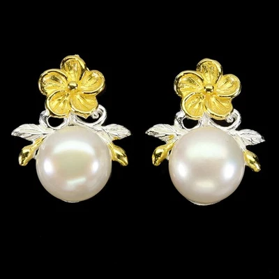 925 Sterling Silver Earrings Round Pearl 10mm Flower Natural Gemstone Jewelry - Image 1 of 4