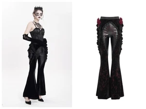 Pantalones acampanados Eva Lady para mujer negros góticos flor imitación cuero terciopelo calce ceñido - Imagen 1 de 28