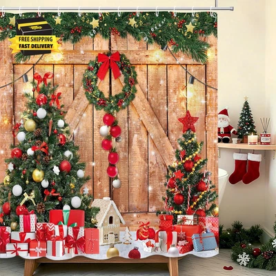 Занавеска для душа на фермерский дом, зимняя рождественская елка подарочная коробка занавеска для душа - Изображение 1 из 4