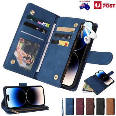 For iPhone 17 16e 15 14 13 12 Pro Max Leather Zipper Wallet flip back Cover - Image 1 of 4