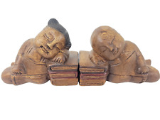 Good Luck Sleeping Children Hand Carved Wood Bookends Asian Sculpture Figurines