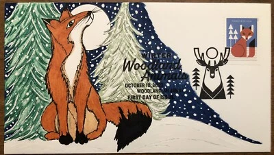 Animales del bosque de invierno 2023 FDC DIBUJADO A MANO PINTADO CACHÉT Fox Foto 1 de 2