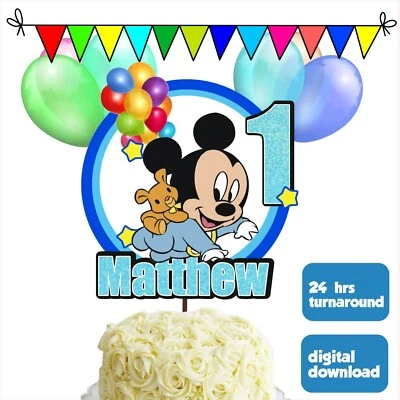 Digital #01 Bebé Mickey Mouse Decoración de Pasteles Nombre Personalizado Edad Feliz Cumpleaños Foto 1 de 4