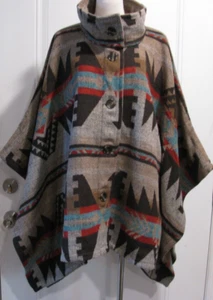 Aina Be Southwestern Print High Collar Button Front Poncho Cape Wrap Small - Picture 1 of 4
