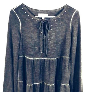 Knox Rose Top Women's XS Long Sleeve Tiered Baby Doll Tie Neck Boho Hippie Grey - Picture 1 of 11