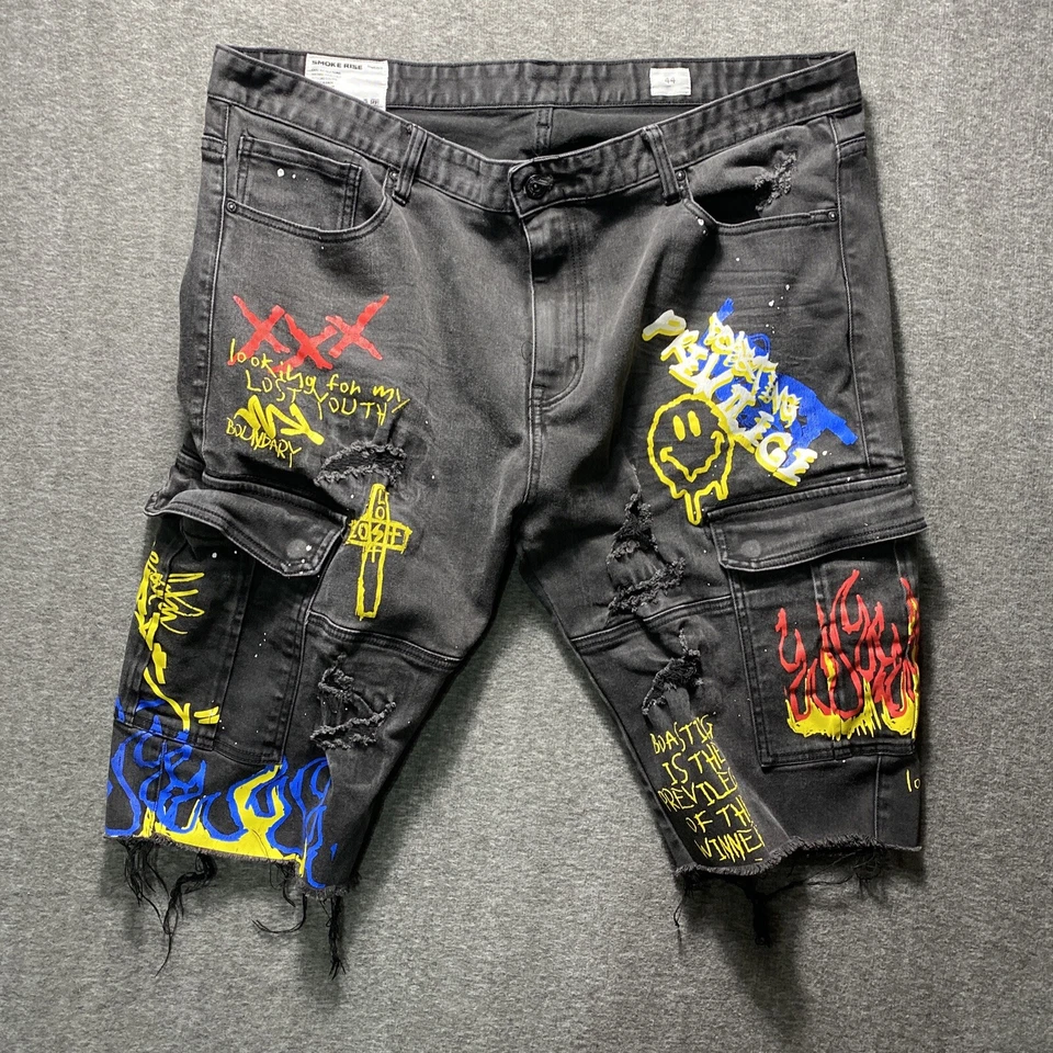 Smoke Rise Black Denim Cut Off Cargo Shorts Graffiti Flames Paint Splatter Sz 44 - Image 1 of 4