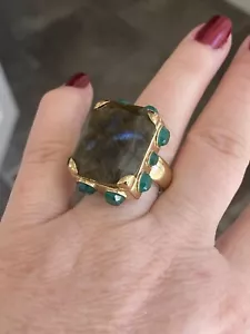Gold Vermeil 23mm x 19mm Labradorite & Green Gemstone Bold Statement Ring - Picture 1 of 16