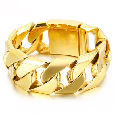 Brazalete de cadena de eslabones cubanos con bordillo de acero inoxidable chapado en oro/negro para hombre 31 mm de ancho Foto 1 de 4