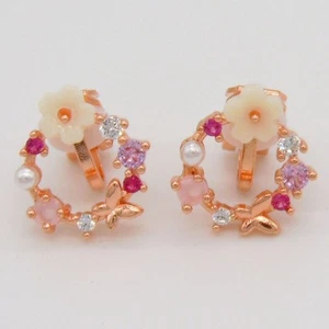 CLIP ON Earrings Flower Rose Gold Rhinestone Fake Studs Non Pierced Womens Ear - Picture 1 of 3