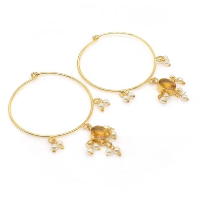 Citrine Quartz Gemstone Handmade Gold Plated Unique Jewelry Hoop Earring 2.5" d2 - Image 1 of 4