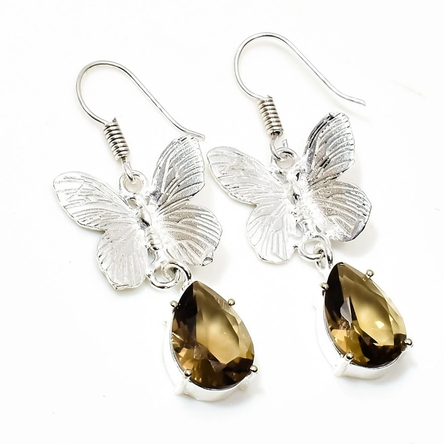 925 Sterling Silver Smoky Quartz Gemstone Handmade Jewelry Earring Size-1.8" - Image 1 of 4