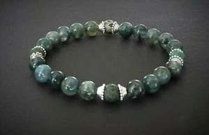 Mens Spiritual Bead Bracelet 8mm Green Agates Silver  - Picture 1 of 2