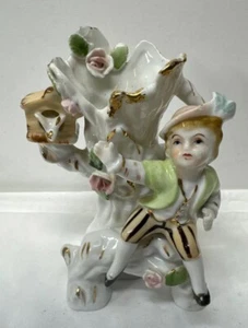Vintage Porcelain Vase Boy w/Birdhouse & Roses 5" - Picture 1 of 8
