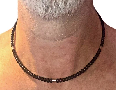 Collana pietre dure onice nero da uomo in acciaio inox lunga 45 cm con perle di - Immagine 1 di 4