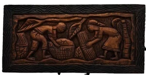 Old Folk Art Wood Carving Wall Sculpture Decor People Harvest Tribal 15.7/8”L. - Picture 1 of 10