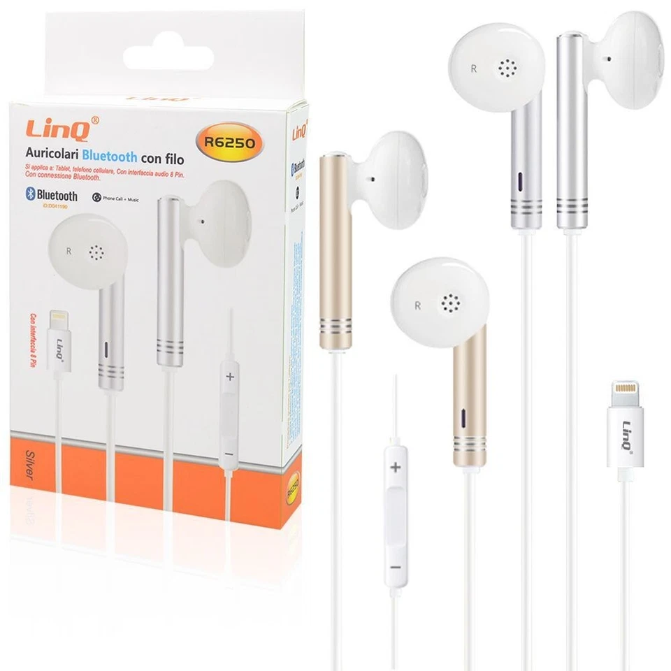 Auricolari In-Ear LinQ R6250 8 Pin Bluetooth Pop-Up Alta Fedeltà Bianco/Oro - Immagine 1 di 1