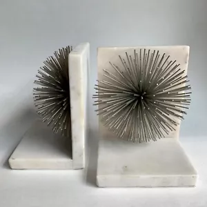Silver Burst on White Marble Bookends - Picture 1 of 4