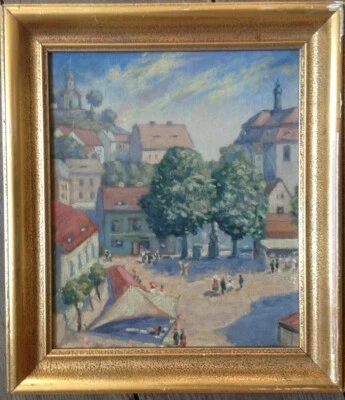 ::MARKTPLATZ MIT RATHAUS UND KAPELLE° ÖLGEMÄLDE UM 1920 KRAILBURG AM INN ?  - Bild 1 von 4