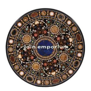 30" black Marble Dining Coffee round Center Table Top lapis inlay antique Mosaic - Picture 1 of 4