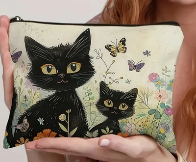 Bolsa de viagem cosmética/viagem, charmosa preta gato e lona floral - com zíper - Imagem 1 de 3