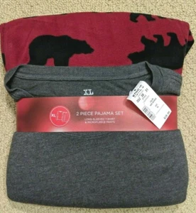 Mens Pajama Set Microfleece Pants Red Bears Gray Long Sleeve Tee Shirt XL NWT - Picture 1 of 3