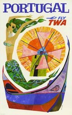 Cool Retro Travel Poster *FRAMED* CANVAS ART Portugal Europe TWA 16"x12"