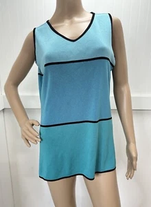 Misook Top Womens Medium Tank Top Blue Aqua Stripes Tunic Sleeveless *Mark - Picture 1 of 12
