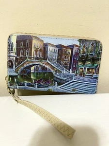 Woman’s Fashion Wallet Venice Canal Scene Multi-Sectional Full-Zip w Wristlet - Picture 1 of 7
