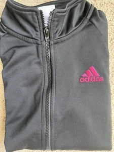 Used ADIDAS Girl's Full Zip Size L 14 Black Pink Striped Sleeves Track Jacket - Picture 1 of 7