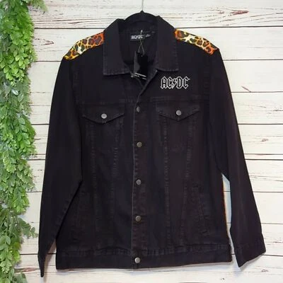 AC/DC Leopard Print Album Titles Black Denim Jean Jacket Unisex Size Large - Image 1 of 4