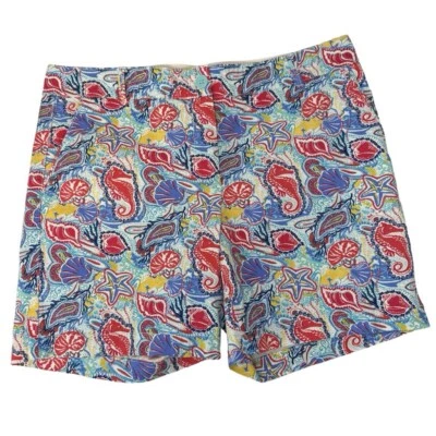 Talbots Weekend Shorts Petite Sz 8P Beach Shells Seahorse Blue Red Stretch Chino - Image 1 of 4