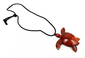 Surfer Ocean Beach Brown Wooden Carved Sea Turtle Pendant 3" Necklace - Picture 1 of 7