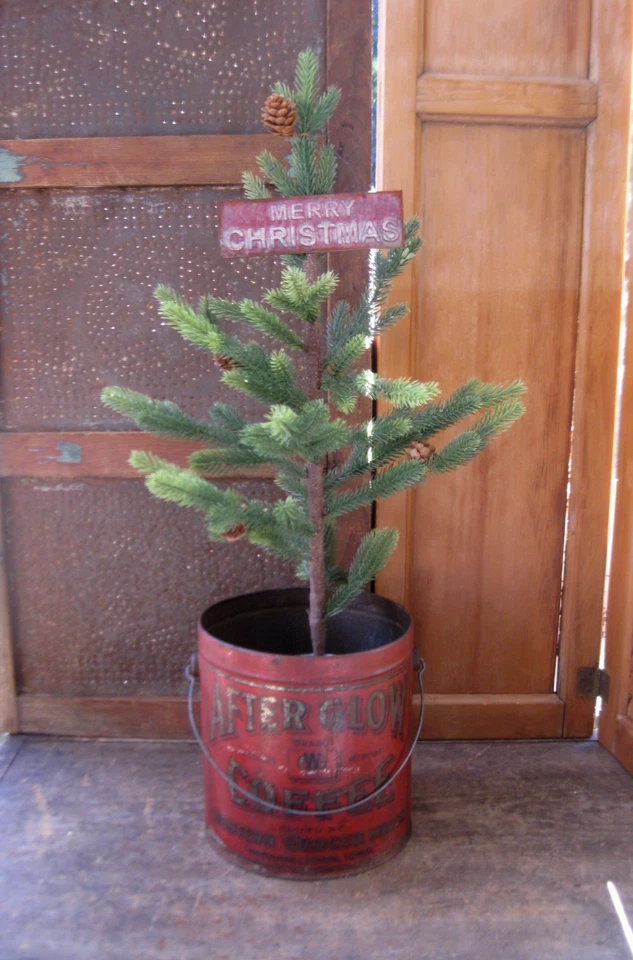 LG Antique Tin After Glow Coffee Pail w Primitive Christmas Tree - Image 1 of 4