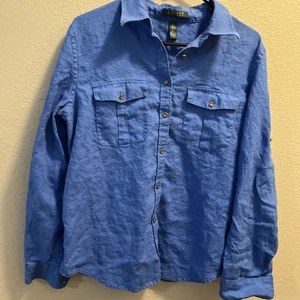 Lauren Ralph Lauren LRL Women Linen Button Up Shirt L Blue Nautical Flap Pocket - Picture 1 of 7