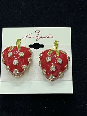 Pendientes Esmalte Fresa Circonita cúbica Raros Firmados Tono Dorado Nuevos con Etiquetas Kenneth J Lane Foto 1 de 4