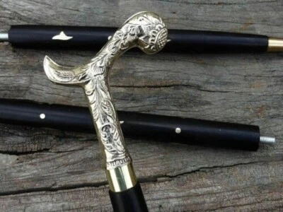 Bastón de madera negro antiguo mango cabeza plata latón vintage bastón regalo Foto 1 de 4