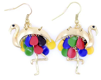 Gold ostrich dangle earrings with movable legs and colourful drops as feathers - Image 1 of 4