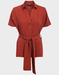 Túnica EX HIGH STREET 'Rojo ladrillo' abierta cuello en V con cinturón y detalle de botones PVP £27 - Imagen 1 de 7
