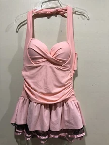 Womens Bathing Suit One Piece Pink With Black Net Ruffles Size 14 New - Picture 1 of 10