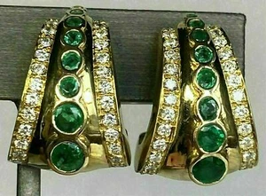 3Ct Lab Created Green Emerald & Diamond Omega Back Earrings 14k Yellow Gold Over - Picture 1 of 3