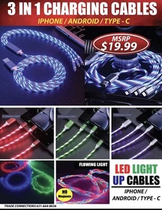 3 in 1 LED Light Up Charger Charging Cable USB Cord for Android Samsung iPhone - Picture 1 of 1