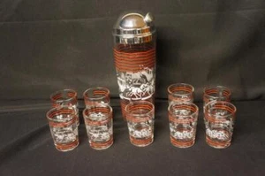 10 Pcs Hazel Atlas Equestrian Stagecoach Design Barware Set 1 Cocktail Shaker S8 - Picture 1 of 1