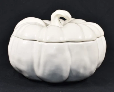Pottery Barn Figural Thanksgiving Pumpkin Stoneware Soup Tureen Bowl White AS-IS - Image 1 of 4