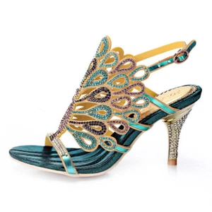 Women Shine Peacock Rhinestone Crystal High Heel Sandal Evening Wedding Shoes - Picture 1 of 22