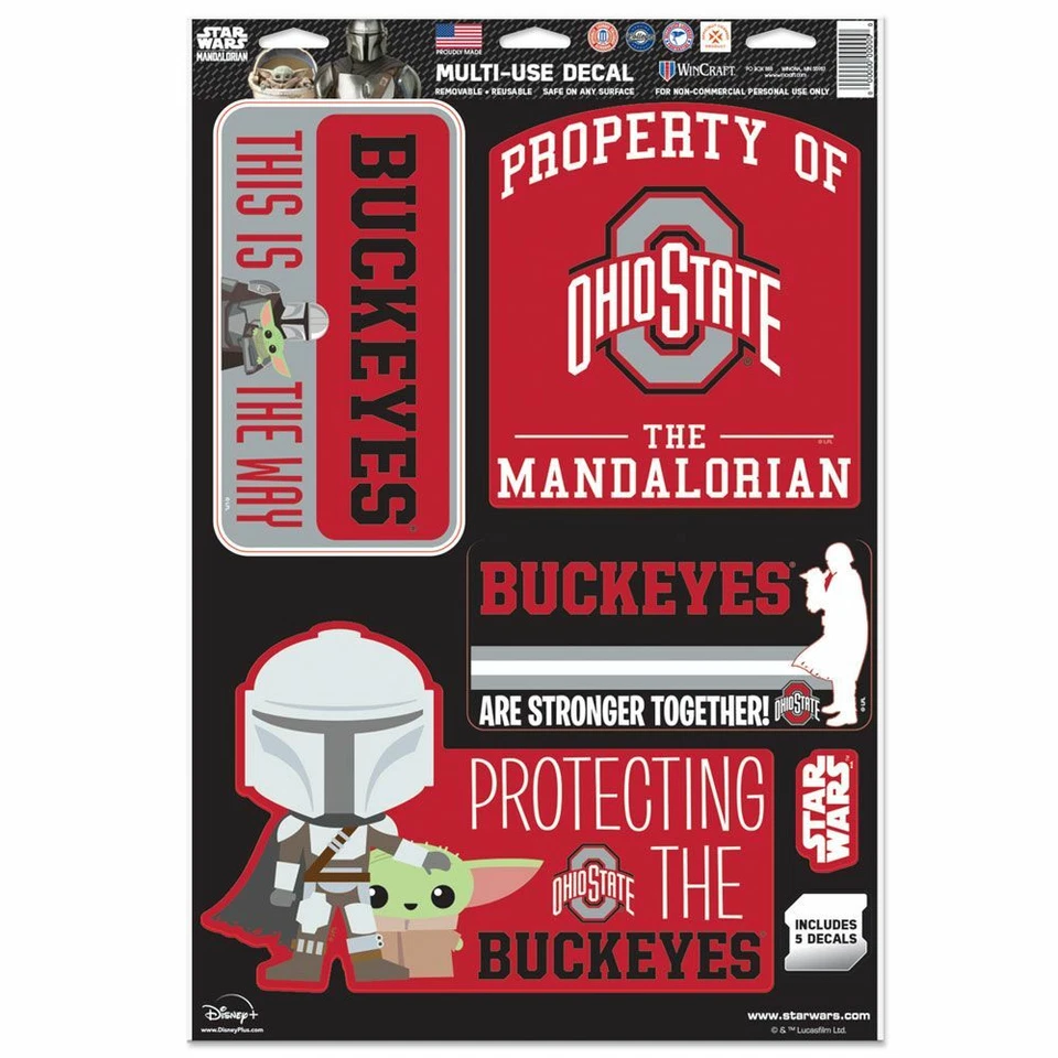 OHIO STATE BUCKEYES THE MANDALORIAN 5-PACK REMOVABLE REUSABLE DECALS WINCRAFT - Image 1 of 1